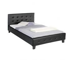 Lit double 140 x 190 cm MATHIEU pin massif revêtement synthétique capitonné noir