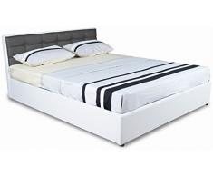 Lit design 160x200 cm capitonné revêtement simili cuir coloris blanc et gris + sommier