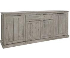 Ensemble salle à manger complète en bois massif coloris gris clair cérusé avec vitrine éclairée