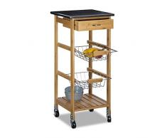 Relaxdays Desserte de cuisine ALFRED S chariot îlot en bambou meuble roulettes HxlxP: 82,5 x 37,5 x 37,5 cm service avec plateau en marbre noir avec 2 paniers en inox 1 tiroir étagère, nature
