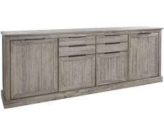 Ensemble salle à manger complète en bois massif coloris gris clair cérusé avec vitrine éclairée 124 cm