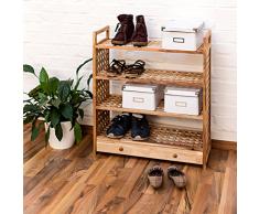 Relaxdays Ãtagère à chaussures Armoire range-souliers Rangement couloir Entrée 4 niveaux Bois de noyer HlP 81 x 70 x 27 cm avec poignées de transport, nature