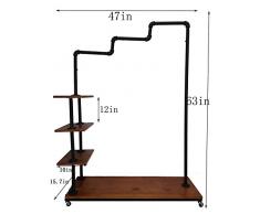 industriel Tuyau Vêtements de Pipeline de vêtement en bois vintage Rolling Rack avec roues 4-lvl H63 "Xl47"