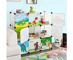 SoBuy® FSS49 DIY 9 cubes, Armoire étagère de rangement modulable plastique, penderie bibliothèque pour enfant, Cadre en métal- imprimé dinosaures