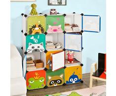 SoBuy® FSS52 DIY 12 cubes, Armoire étagère de rangement modulable plastique, penderie bibliothèque pour enfant, Cadre en métal- imprimé animaux