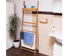 Relaxdays Étagère de salle de bain échelle en bambou avec panier à linge amovible sac à linge 72 litres barre porte-serviette HxlxP: 180 x 61 x 29 cm meuble rangement en bois mur, nature
