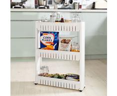 SoBuy® FRG40-W Chariot de stockage, Meuble de rangement à roulettes, Etagère de cuisine, salle de bains, Étagère /Placard alcôve roulante, Armoires de cuisine, 3 étages, Blanc