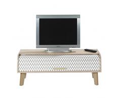 Simmob - Meuble TV Vintage Chêne 1 Rideau - Coloris Rideau - Rideau 'vagues' Noir et Blanc