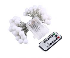 lederTEK guirlande lumineuse à pile avec télécommande en forme de boule crème 5.3M 50 LED 8 modes guirlande led idéal pour extérieur, intérieur, jardin, Accueil, Mariage, Arbre de Noël, fête (Blanc chaud)