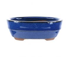 Pot à bonsaï 14.5x11.5x5cm bleu ovale en grès émaillé