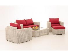 CLP Salon de jardin lounge MADEIRA 2-1-1, en polyrotin de 5 mm Revêtement: rouge rubis, Couleur de rotin: blanc perle