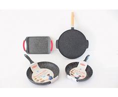 2 poêles en pierre 26 - 28 cm + Poêle à induction + Grille Double plaque lisse et rayée, revêtement en pierre de lave