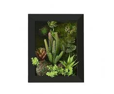 Support mural 3D Fleurs Artificielles Succulente plantes herbe vert Aloe feuilles mousse avec pierre imitation Cadre photo en bois Forme Vase décoration, 20 x 25 cm