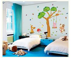 ufengke® Grand Arbre et Mignons Papillons Vache Lapin D'Âne Stickers Muraux, La Chambre des Enfants Pépinière Autocollants Amovibles