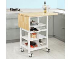 SoBuy® FKW44-WN Desserte sur roulettes Chariot de Cuisine Meuble de Rangement, Plans de Travail Rabattables Porte-Bouteilles intégré