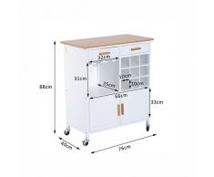 Chariot de cuisine desserte à roulettes Chariot de Service avec Casier à Vin Porte-Verre Structure en Pin 76L x 40l x 88Hcm Blanc Neuf 08WT