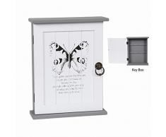 Clés en bois style shabby chic Boîte de rangement de placard Finition peinture papillon gris/vert