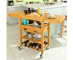 SoBuy® FKW25-N Desserte Roulante Chariot de Cuisine en Bambou - Plans de Travail Rabattables, Plateau de Petit Déjeuner Amovible et Porte-Bouteilles intégré L65(95/125)xP40xH92cm