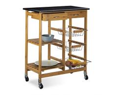 Relaxdays Desserte de cuisine ALFRED XL chariot îlot en bambou meuble roulettes HxlxP: 82,5 x 67,5 x 37,5 cm service avec plateau en marbre noir avec 2 tiroirs 3 paniers en inox 2 étagères, nature
