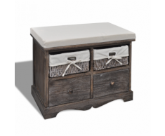 vidaXL Banc de rangement brun en bois avec 2 paniers tissage et tiroirs