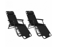 vidaXL Ensemble de 2 Chaises longues pliables noires avec repose-pied