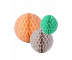 3 Suspensions boules papier pêche, menthe et gris Taille Unique