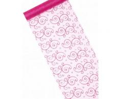 Chemin de table fuchsia en organza : motifs arabesques paillettes