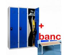 Vestiaire industrie salissante monobloc 3 cases avec banc