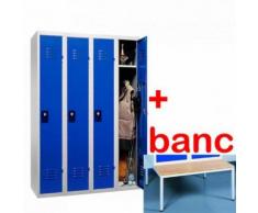 Vestiaire industrie propre monobloc 4 cases avec banc