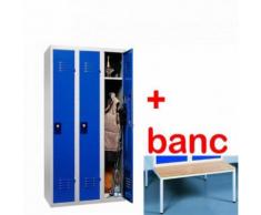 Vestiaire industrie propre monobloc 3 cases avec banc