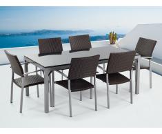 Ensemble de jardin - Table granit 180 cm et 6 chaises en rotin - noir poli - Torino