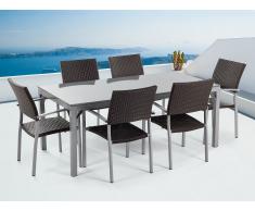 Ensemble de jardin - table en granit 180 cm - 6 chaises en rotin - gris poli - Torino