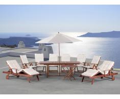 2 tables, 2 transats et 6 chaises de jardin en bois - coussins beiges et parasol inclus - Toscana