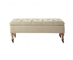 Banc capitonné à roulettes avec coffre en bois et coton écru L 107 cm COLETTE