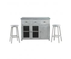 Îlot central + 2 tabourets en bois d'acacia gris L 120 cm Zinc