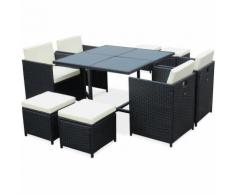 Salon de jardin Cubo noir table en résine tressée 4 à 8 places, fauteuils encastrables