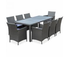 Salon de jardin Tavola 8 Gris en résine tressée, table d'extérieur 195cm avec 8 fauteuils