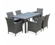 Salon de jardin Tavola 6 gris en résine tressée, table d'extérieur 150cm avec 6 fauteuils