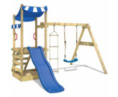 WICKEY Portique de jeux en bois FunFlyer Aire de jeux Cabane avec balançoire, bac à sable,