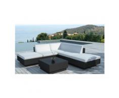 Salon de jardin Mouréa 4 à 5 places en résine tressée noire coussins blancs écru - DELORM