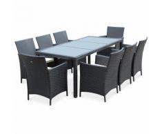 Salon de jardin Tavola 8 Noir en résine tressée, table d'extérieur 195cm avec 8 fauteuils