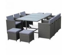 Salon de jardin Cubo Gris table en résine tressée 6 à 10 places, fauteuils encastrables