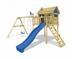 WICKEY Portique de jeux en bois Smart Plaza Aire de jeux avec toboggan bleu, balançoire et échelle