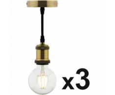 Lot de 3 kits de suspension déco métal cuivré avec cordons textiles et ampoules LED filament