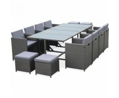 Salon de jardin Cubo Gris table en résine tressée 8 à 12 places, fauteuils encastrables