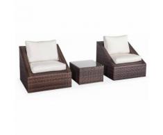 Salon de jardin 3 éléments en résine tressée 2 fauteuils 1 table basse empilables