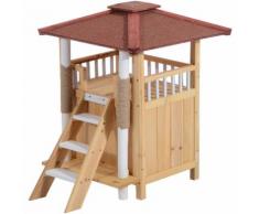 Niche villa pour chien chat terrasse couverte échelle griffoir coloris bois naturel et bordeaux 77