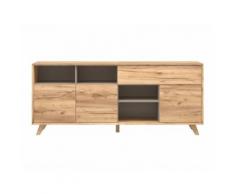 Buffet bas avec 3 portes+ 1 tiroir + 4 niches et pieds inclinés L187 cm CALVI Chêne / Taupe