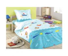 Parure housse de couette 140x200cm + taies enfant coton bateau pirate poisson bleu JACK
