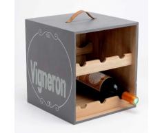 Porte bouteille en bois avec poignée motif vigneron- 6 bouteilles AUGUSTE